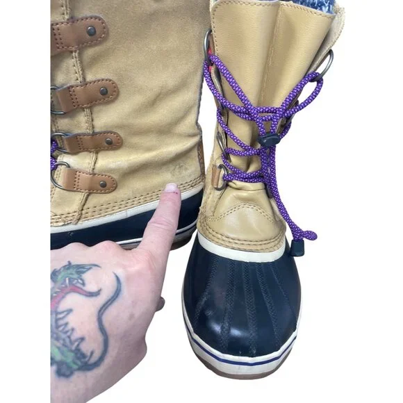 Sorel Joan of Arc Womans Tan Black Knit mid calf boots Sz 7 SKU 9565 - Picture 3 of 16